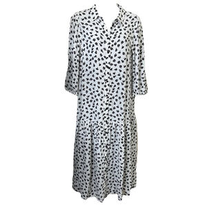 Zara Women Midi Shift Dress Medium White w/ Black Floral Button Front Drop Waist